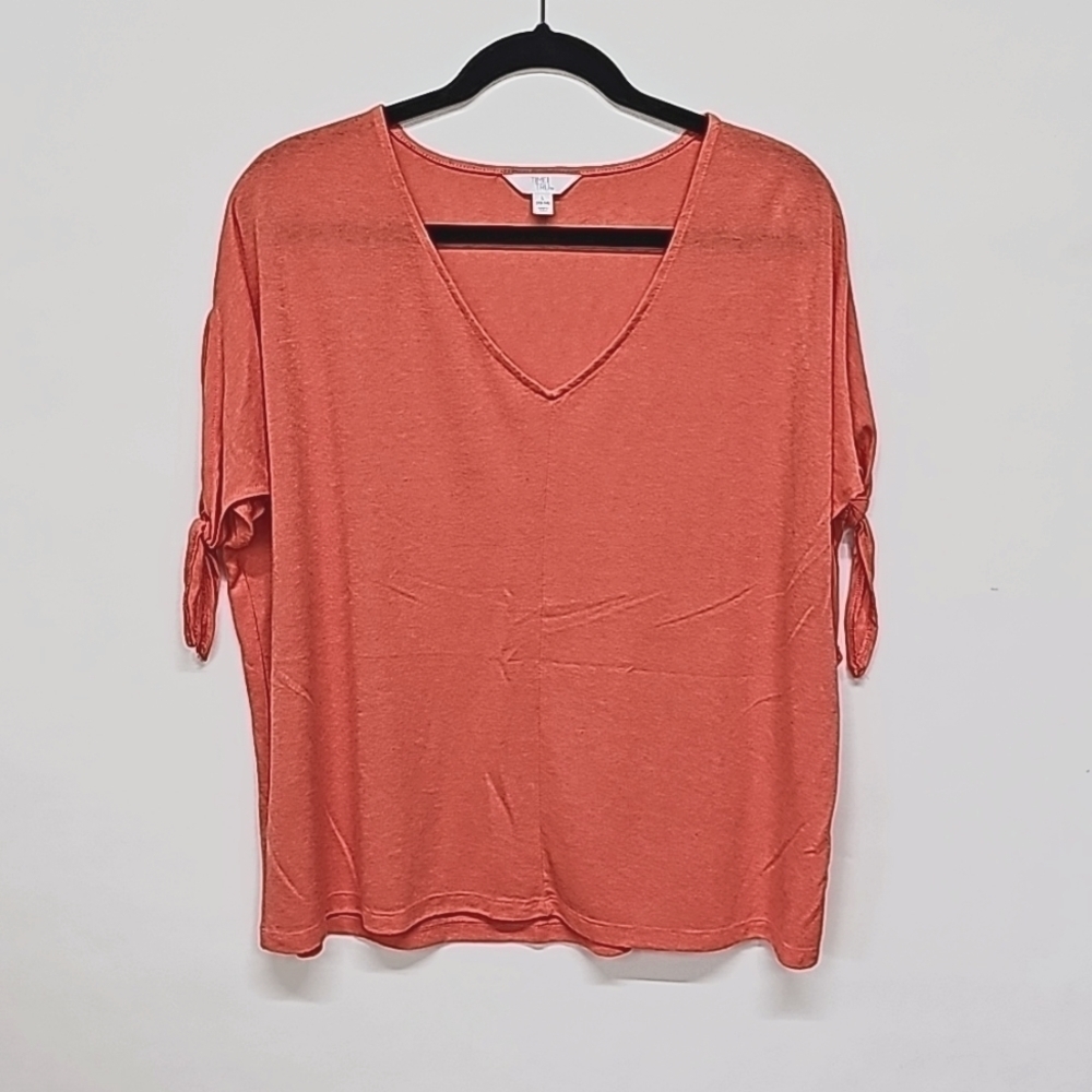 Time and Tru V-neck Tie Sleeve Top, Coral Orange, Size Large 12-14